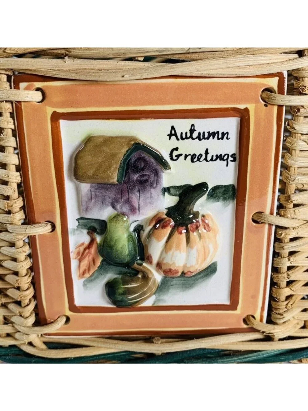 Vintage Autumn Greetings Wicker Basket Hand Painted Tile Cozy Harvest Decor